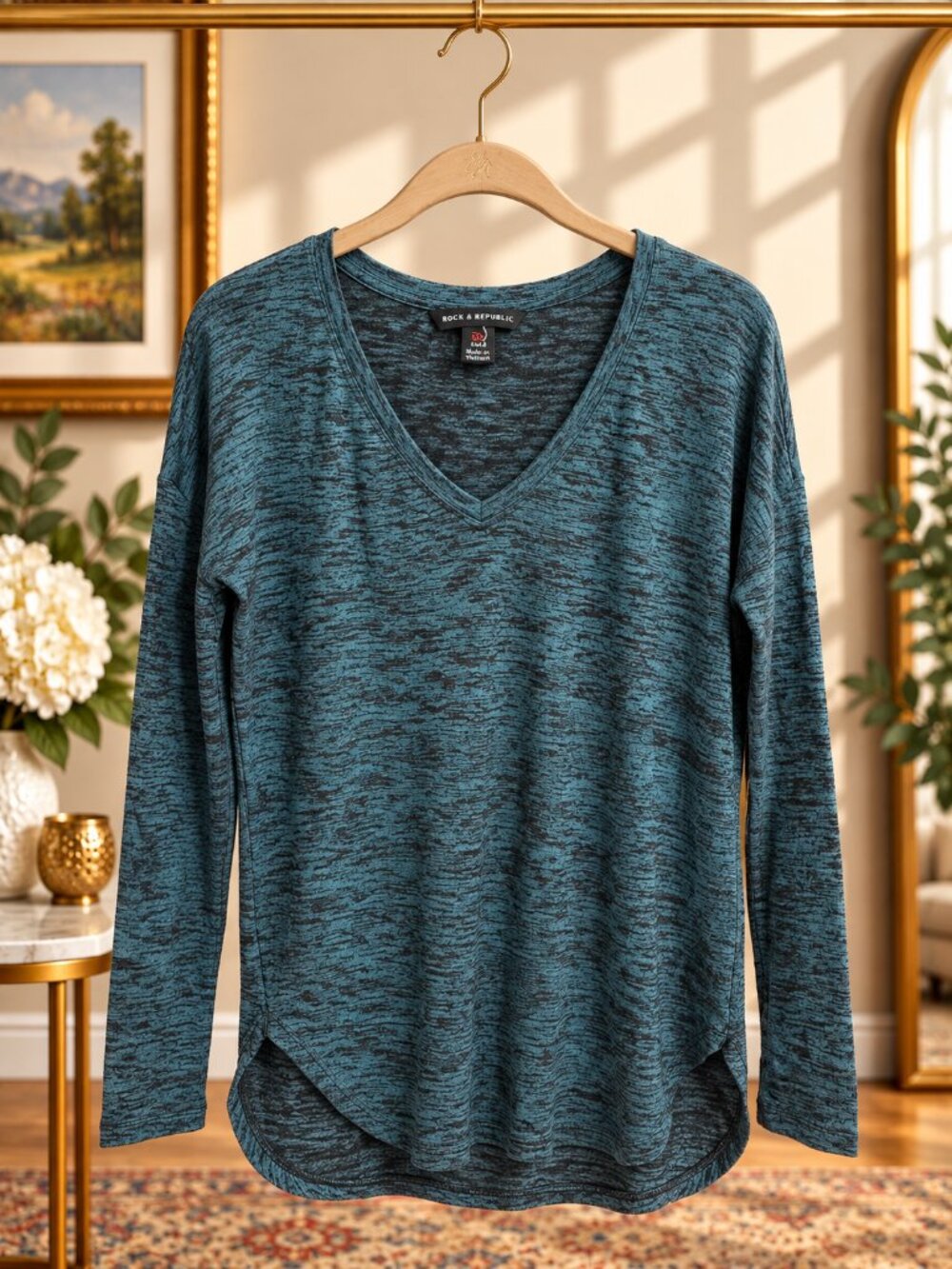 Rock & Republic XS Shaded Spruce Heathered V-Neck High Low Tunic Top